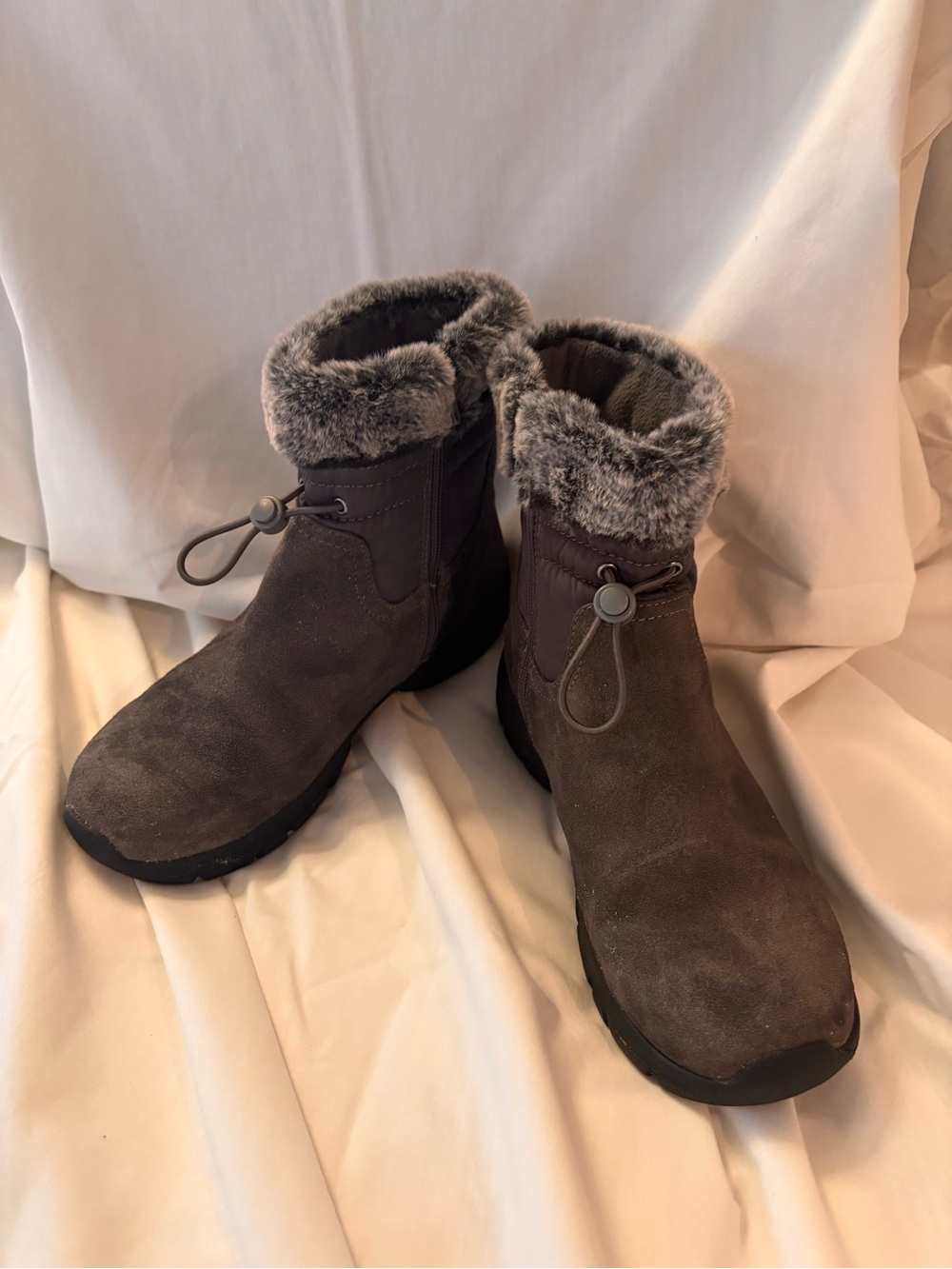 Lands' End Women's Gray Suede Faux-Fur Cuff Ankle Snow Boots